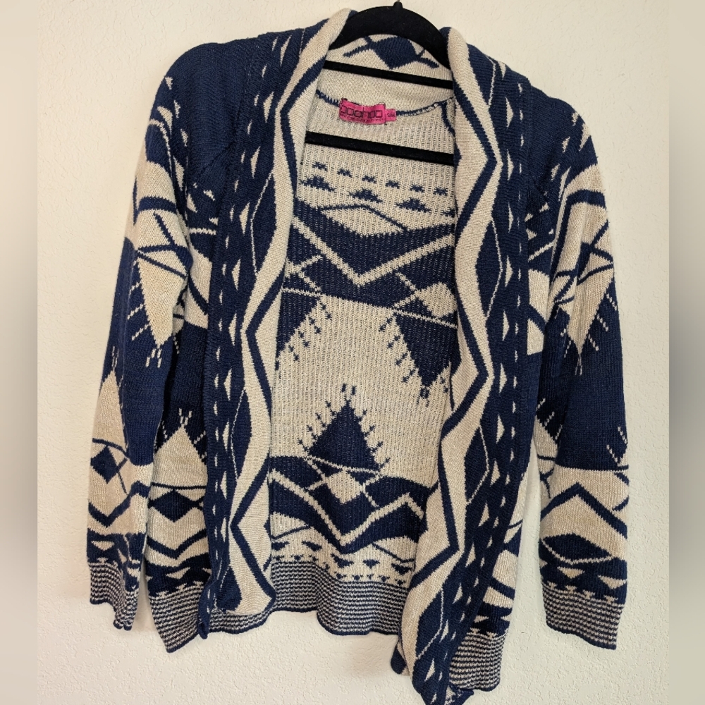 Boohoo Aztec Print Open Front Cardigan Navy Cream Knit Sweater S/M Western Boho